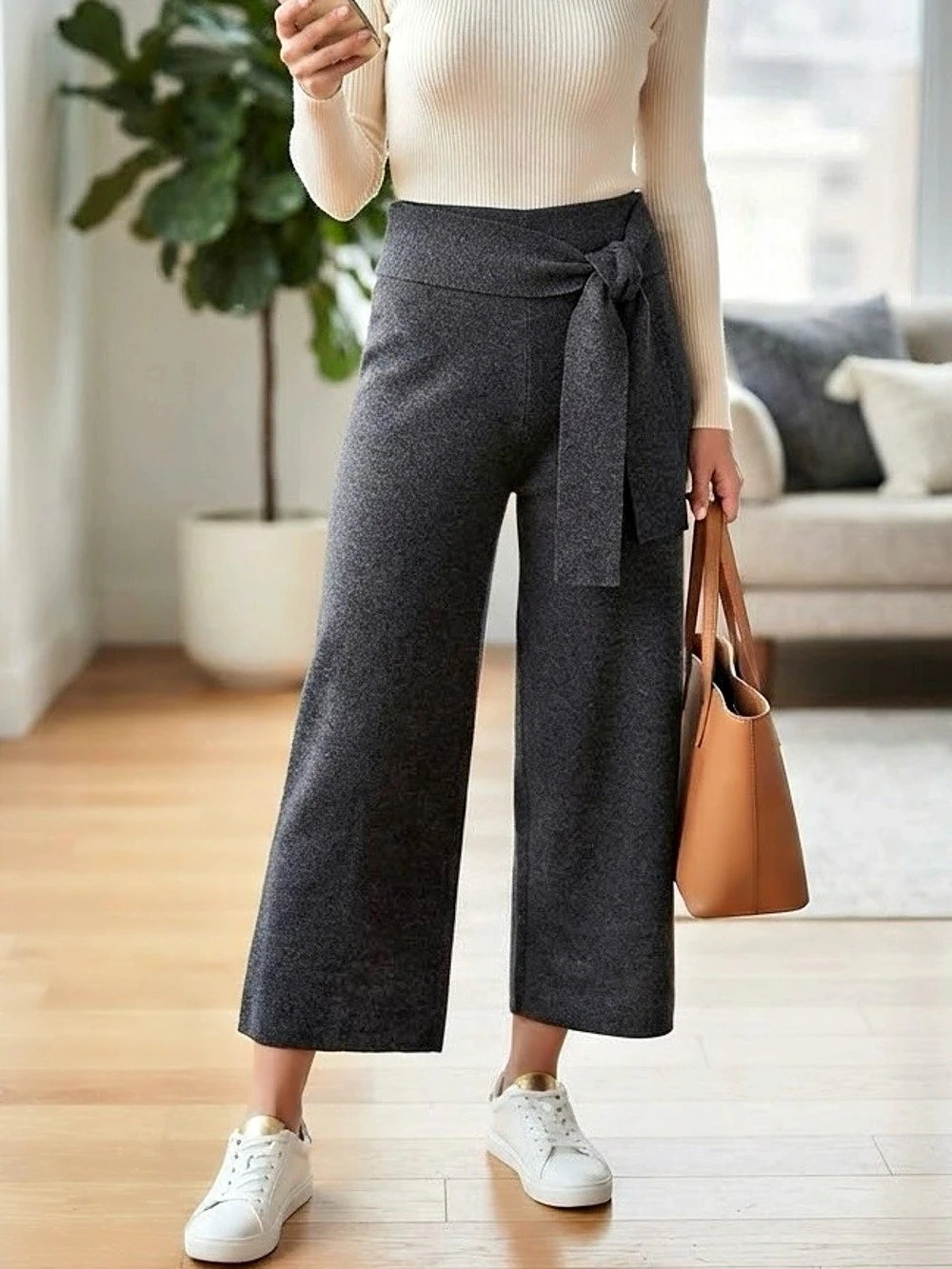 Club Monaco Dark Grey 100% Wool Tie-Waist Wide-Leg Culottes Pants Quite Luxury